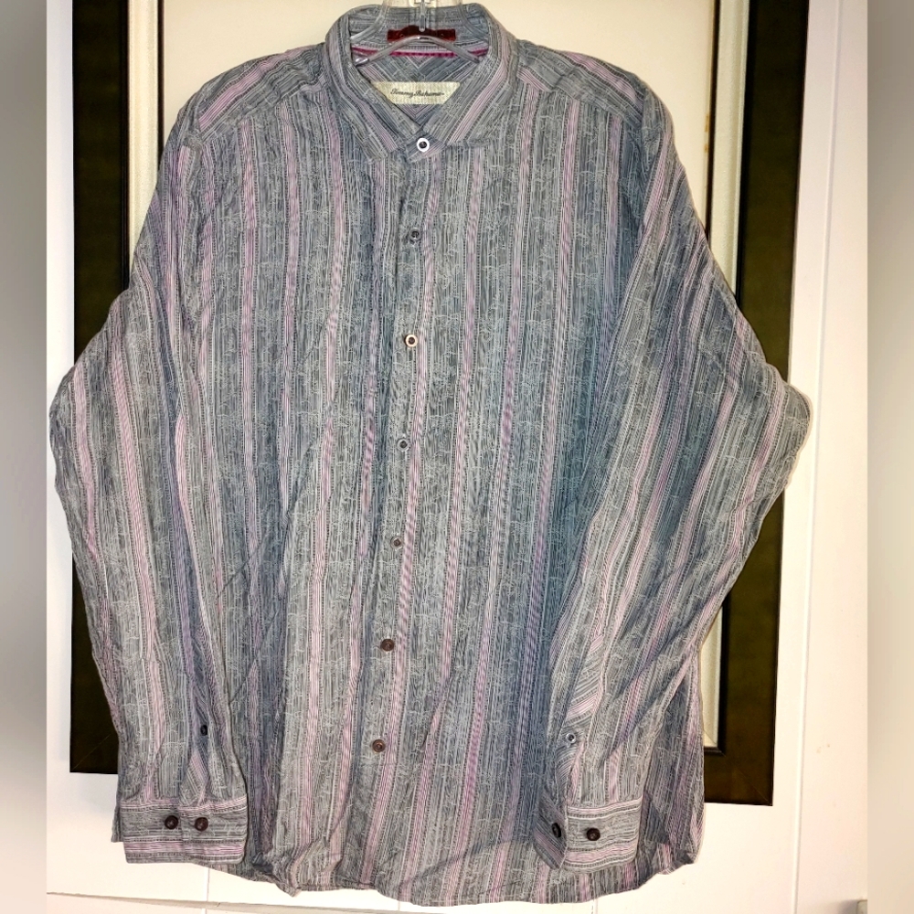Tommy Bahama Relaxed Fit Grey Striped Long Sleeve Button Down Shirt Size Large